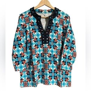 Vibrant Blue Floral 100% Cotton 3/4 Sleeve Crocheted Split Neckline Top